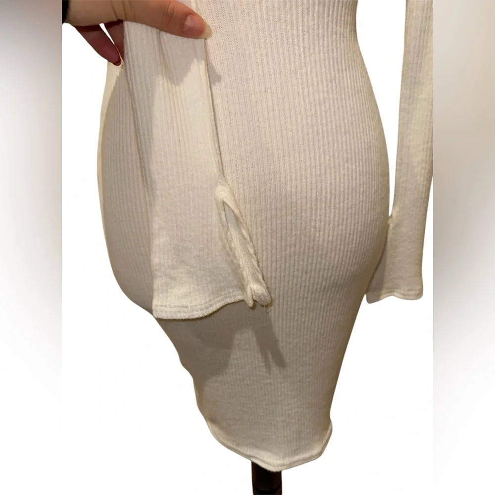 PrettyLittleThing Cream Brushed Rib Split Sleeve Mini Dress Size US4 NWT - Picture 10 of 12